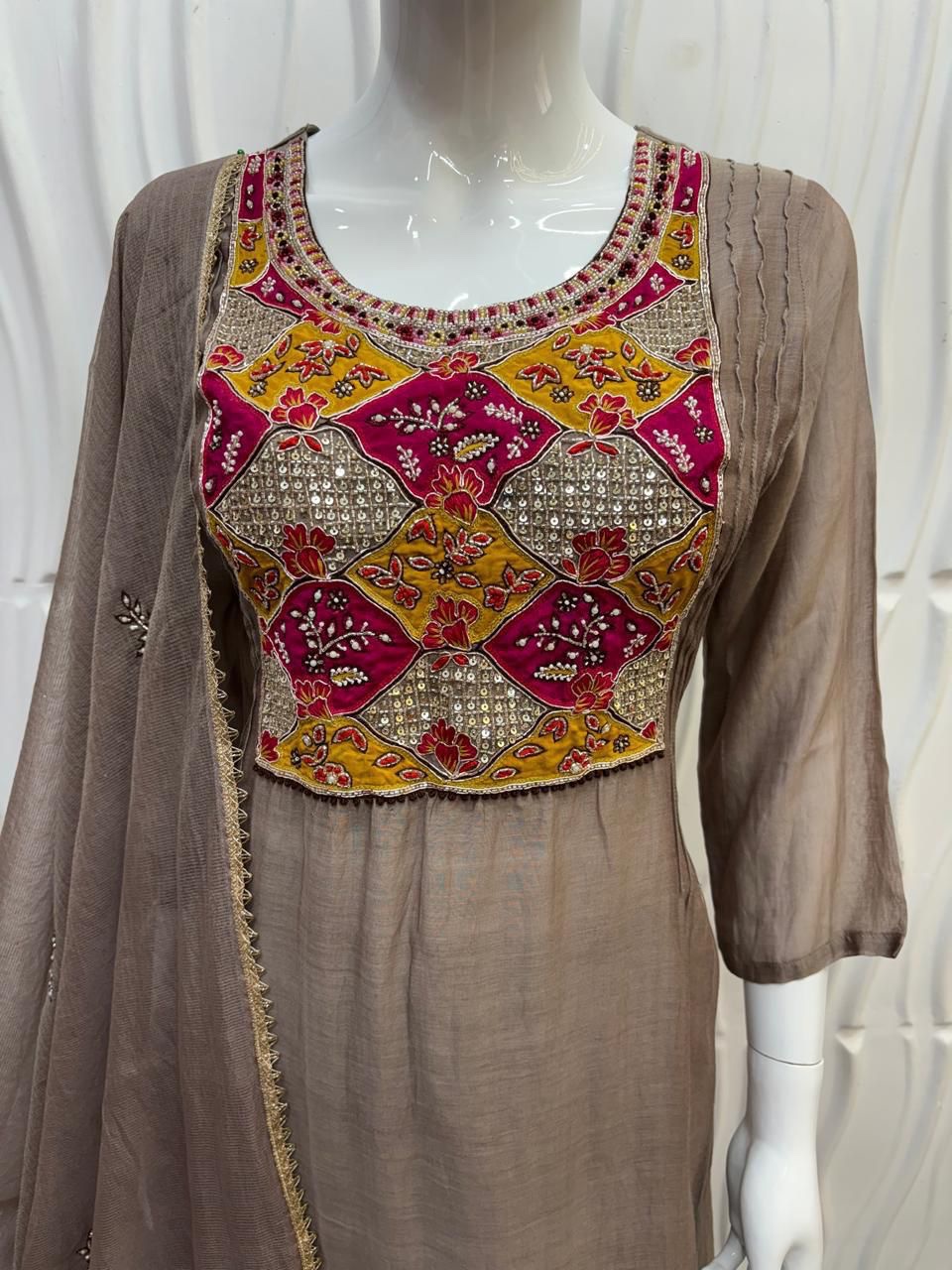 Ruhani Brown Chanderi Suit Set - Image 3