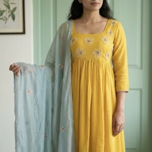 ✨ Pure Kota Yellow Anarkali Three-Piece Suit 💛💙