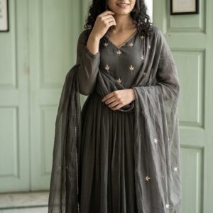 Grey Kota Anarkali Three-Piece Suit with Embroidered Yoke