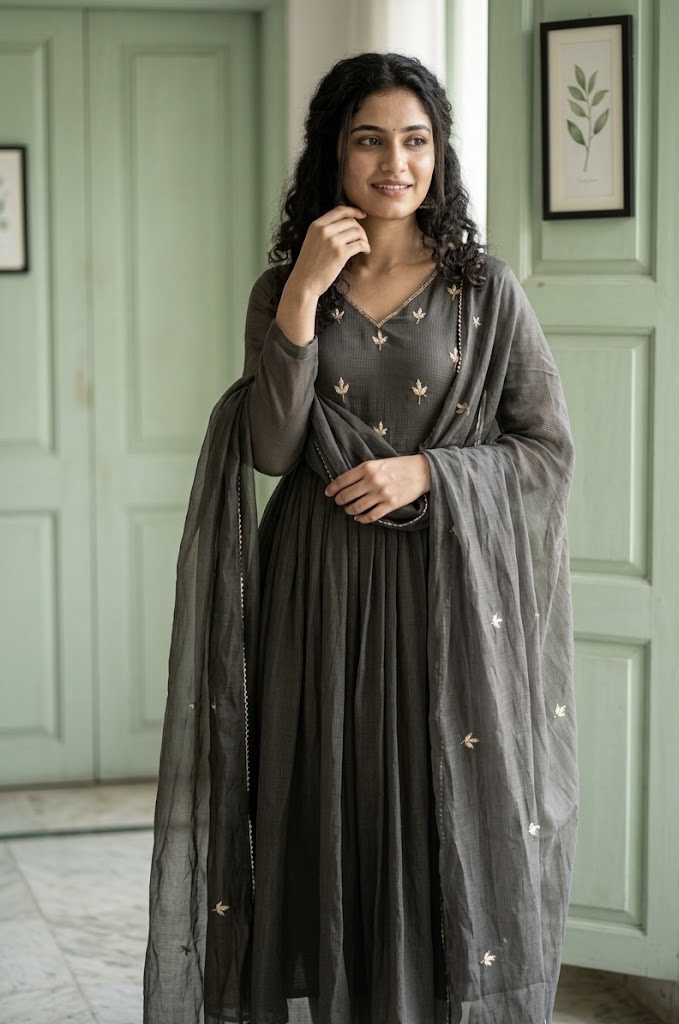 Grey Kota Anarkali Three-Piece Suit with Embroidered Yoke