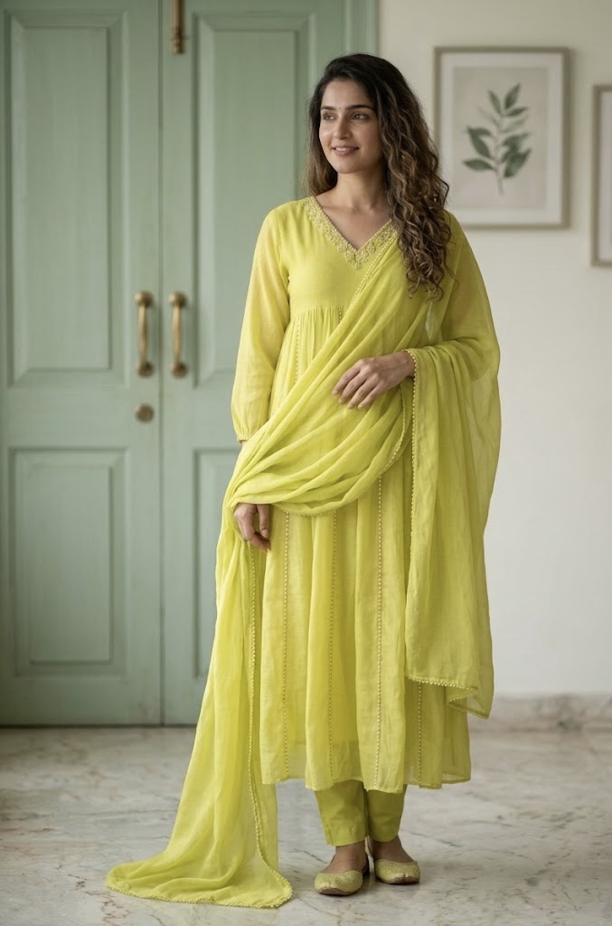 Yellow Benarasi Mul Chanderi Anarkali Suit