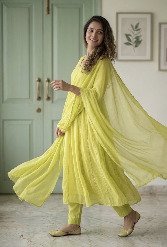 Yellow Benarasi Mul Chanderi Anarkali Suit - Image 2