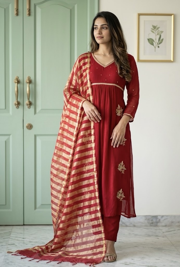 Maroon Red Benarasi Mul Chanderi Anarkali A-Line Dress - Image 2