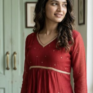 Maroon Red Benarasi Mul Chanderi Anarkali A-Line Dress