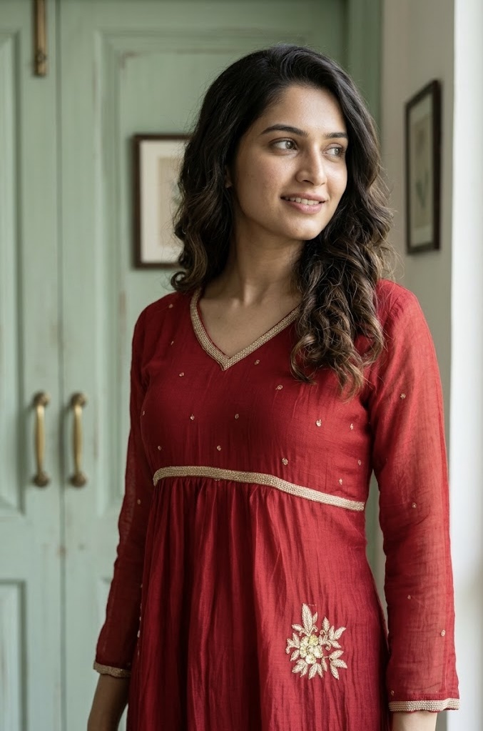 Maroon Red Benarasi Mul Chanderi Anarkali A-Line Dress