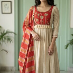Beige & Red Pure Banarasi Mul Chanderi A-Line Suit Set