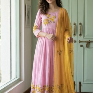 Pure Linen Kota Anarkali – Pink & Yellow Three-Piece Suit ✨