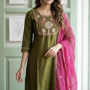 Pure benarasi mul chanderi a line three piece suit