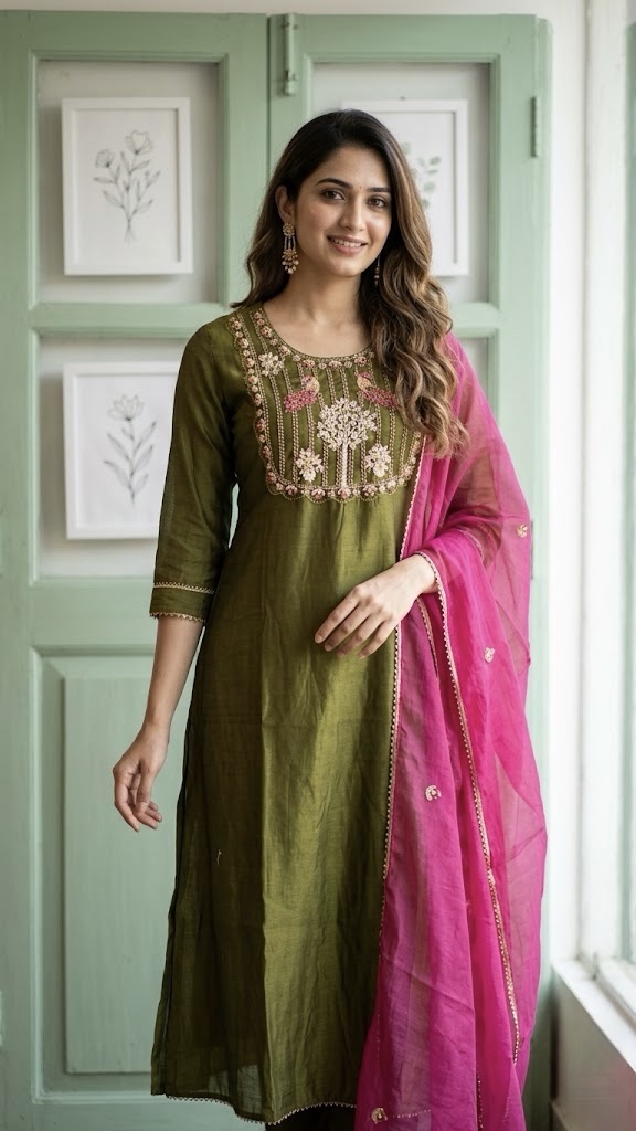Pure benarasi mul chanderi a line three piece suit