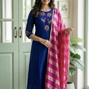 Royal blue Pure benarasi mul chanderi three piece suit