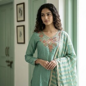 Teal Mirage – Pure Ho Silk A-Line Three Piece Suit