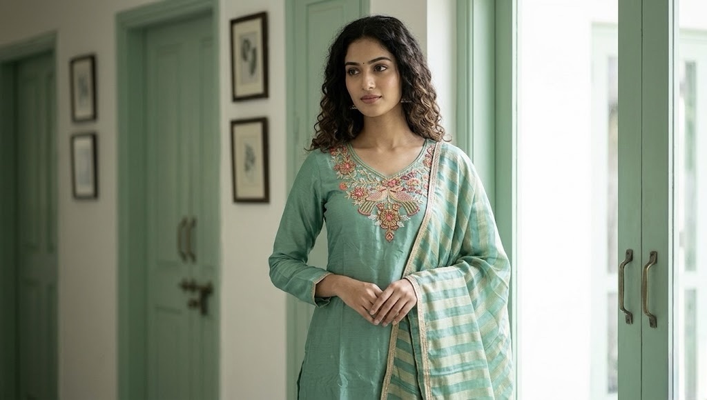 Teal Mirage – Pure Ho Silk A-Line Three Piece Suit