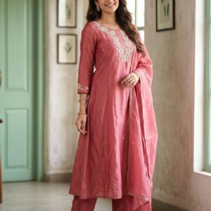 Brick Pink three-piece A-line Mul Chanderi suit