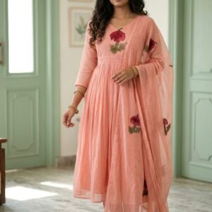 Peach Pure Linen Kota 3-Piece Anarkali Suit