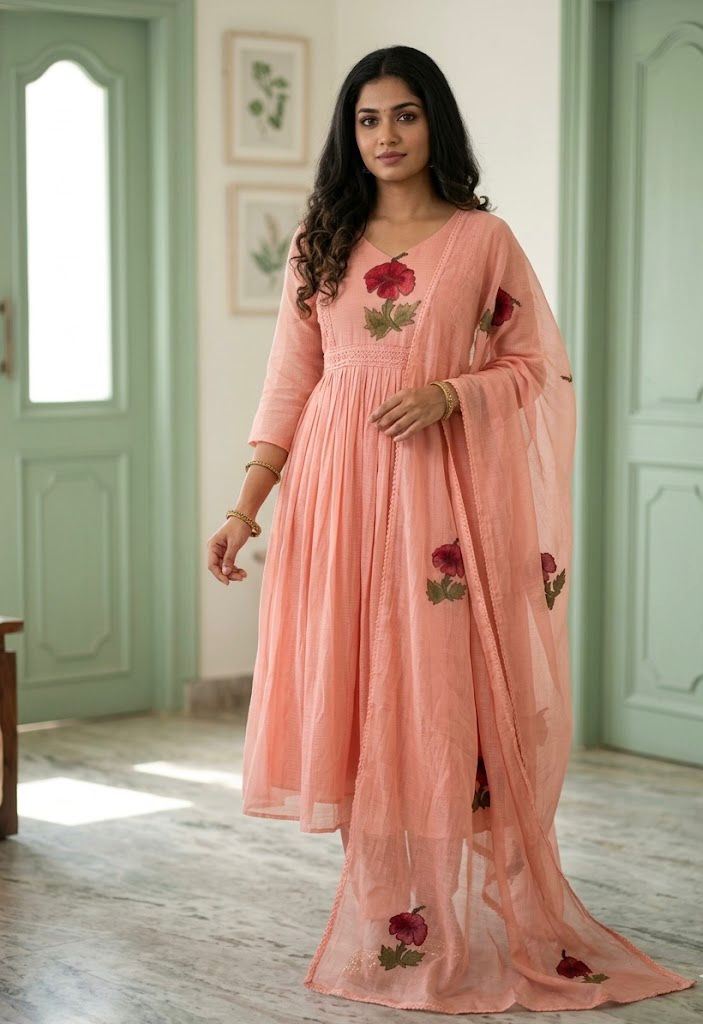 Peach Pure Linen Kota 3-Piece Anarkali Suit