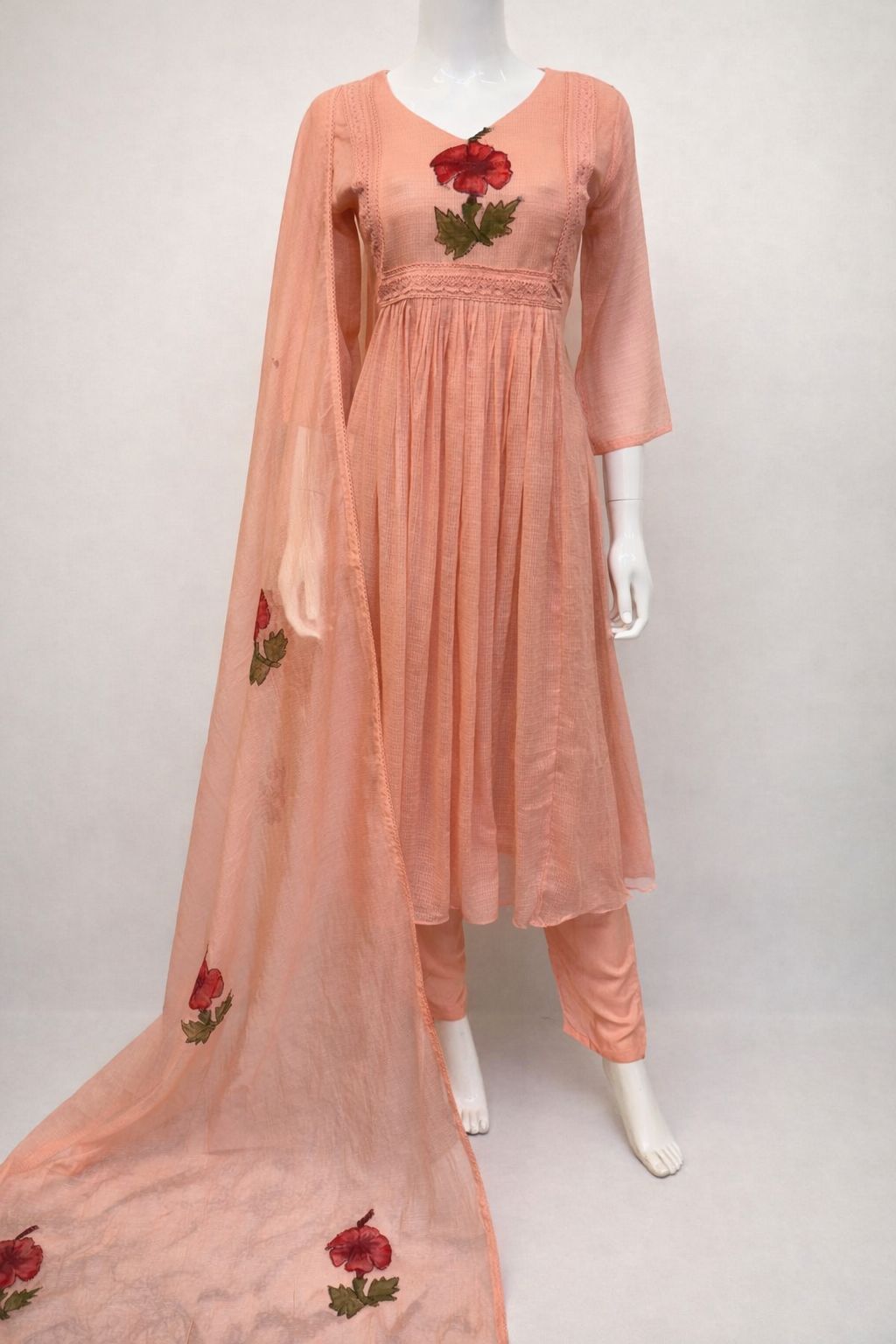 Peach Pure Linen Kota 3-Piece Anarkali Suit - Image 2