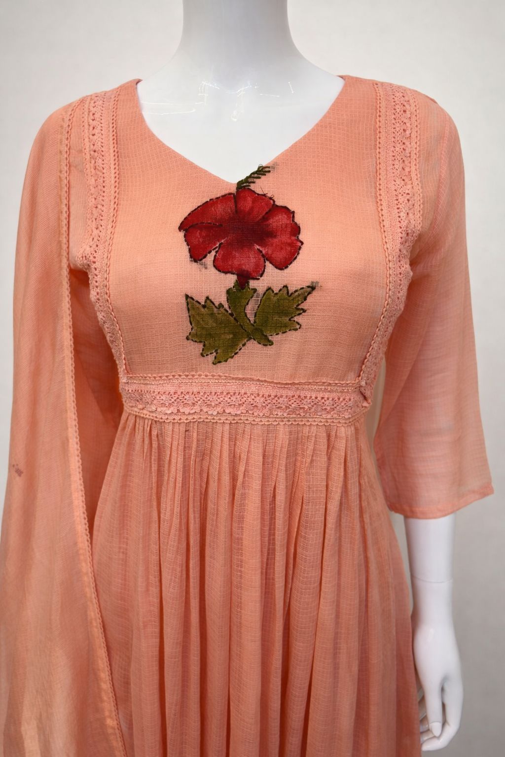 Peach Pure Linen Kota 3-Piece Anarkali Suit - Image 3