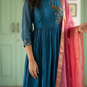 Blue and pink Pure Mul Chanderi 3-Piece A-Line Anarkali Suit