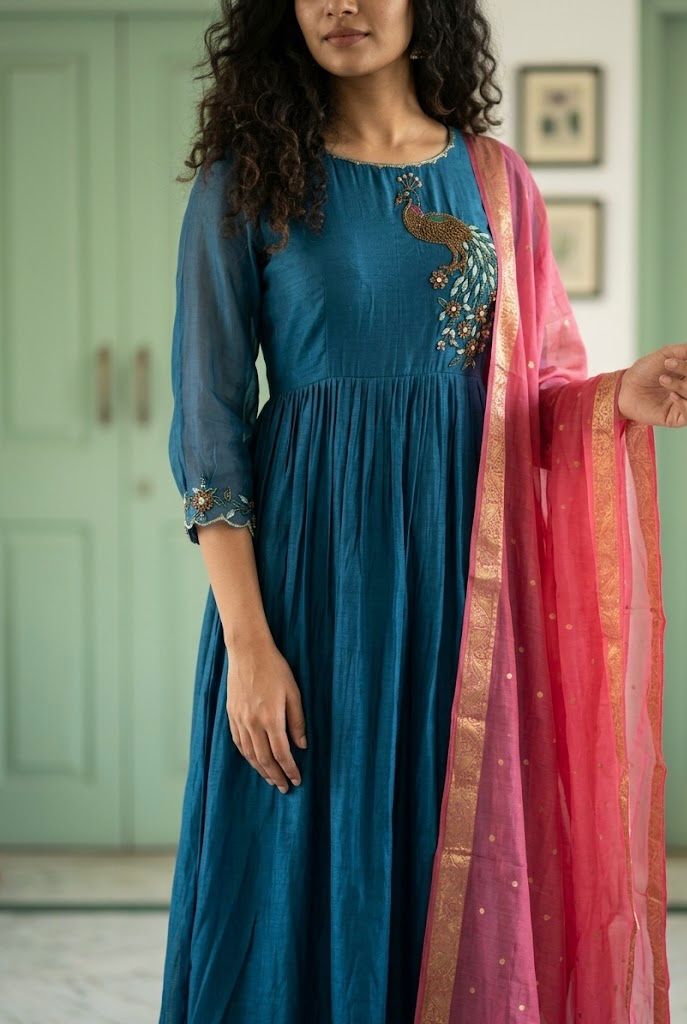 Blue and pink Pure Mul Chanderi 3-Piece A-Line Anarkali Suit