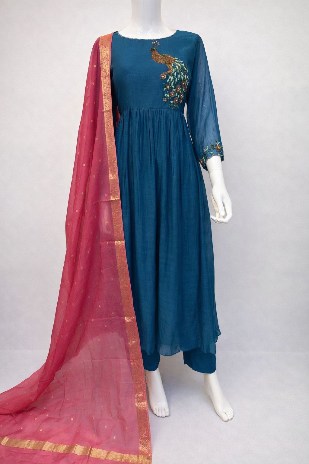 Blue and pink Pure Mul Chanderi 3-Piece A-Line Anarkali Suit - Image 2