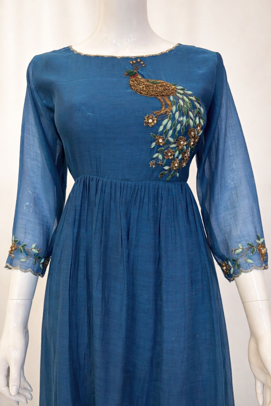 Blue and pink Pure Mul Chanderi 3-Piece A-Line Anarkali Suit - Image 3