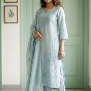 Powder Blue Pure Chanderi Three-Piece Suit
