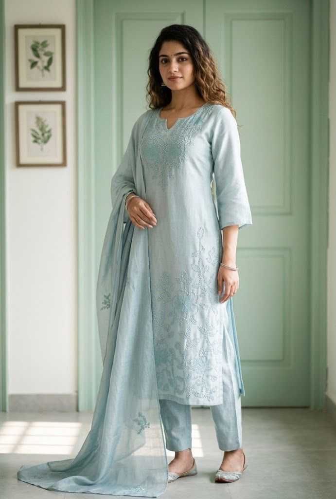 Powder Blue Pure Chanderi Three-Piece Suit