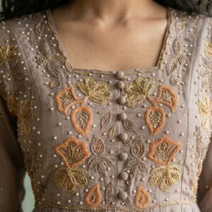 Light Brown Pastel Pure Chinnon Embroidered Frock