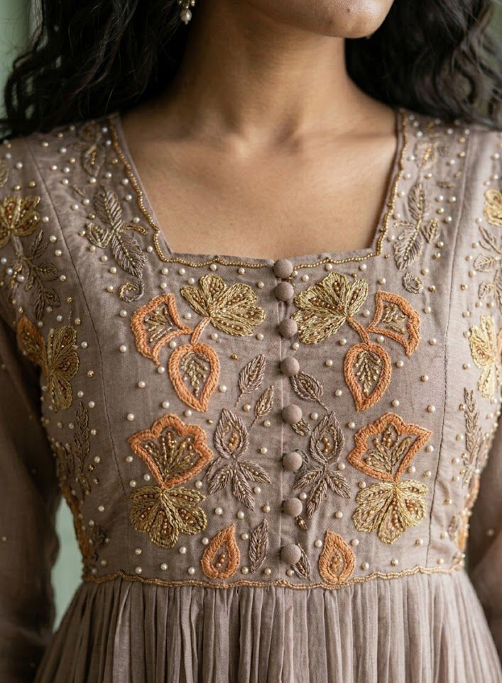 Light Brown Pastel Pure Chinnon Embroidered Frock