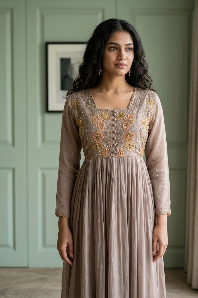 Light Brown Pastel Pure Chinnon Embroidered Frock - Image 2