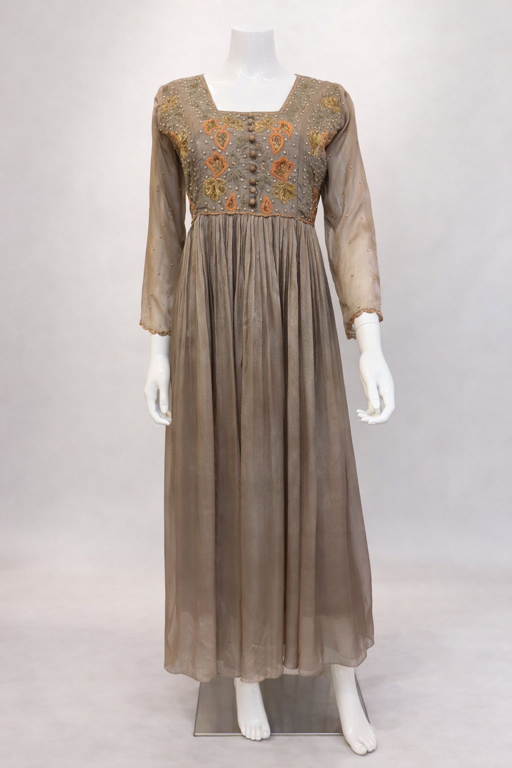 Light Brown Pastel Pure Chinnon Embroidered Frock - Image 3