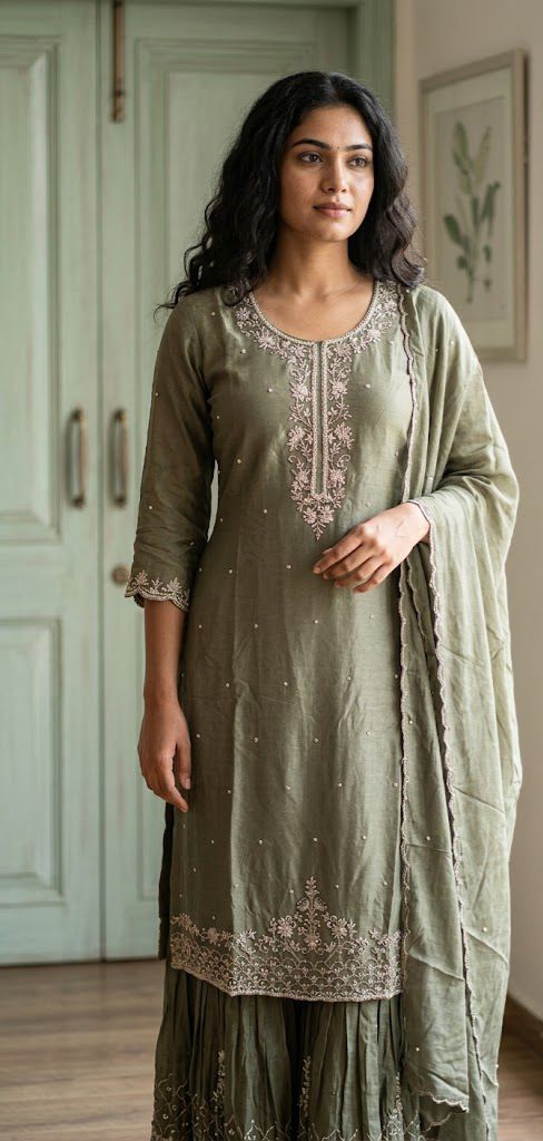 Pure Chinnon three-piece suit with sharara pants