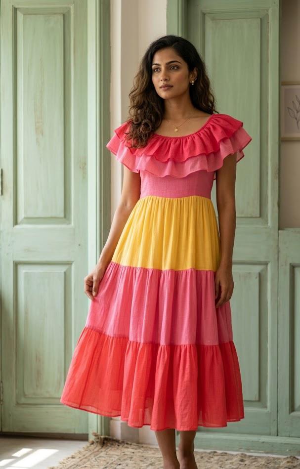 Pure Color Block Linen Kota Frock π€