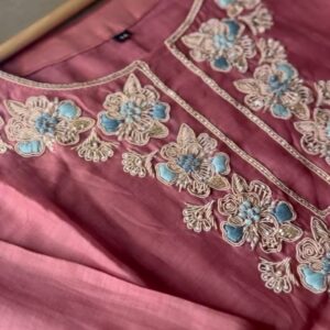 Brick Pink three-piece A-line Mul Chanderi suit