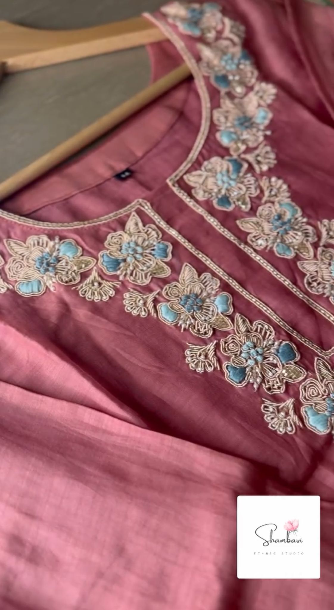 Brick Pink three-piece A-line Mul Chanderi suit