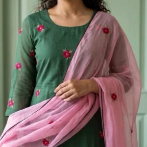 Pure Kota A-line dress in a beautiful bottle green and pink suit