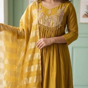 Elegant mustard yellow Pure Mul Chanderi suit