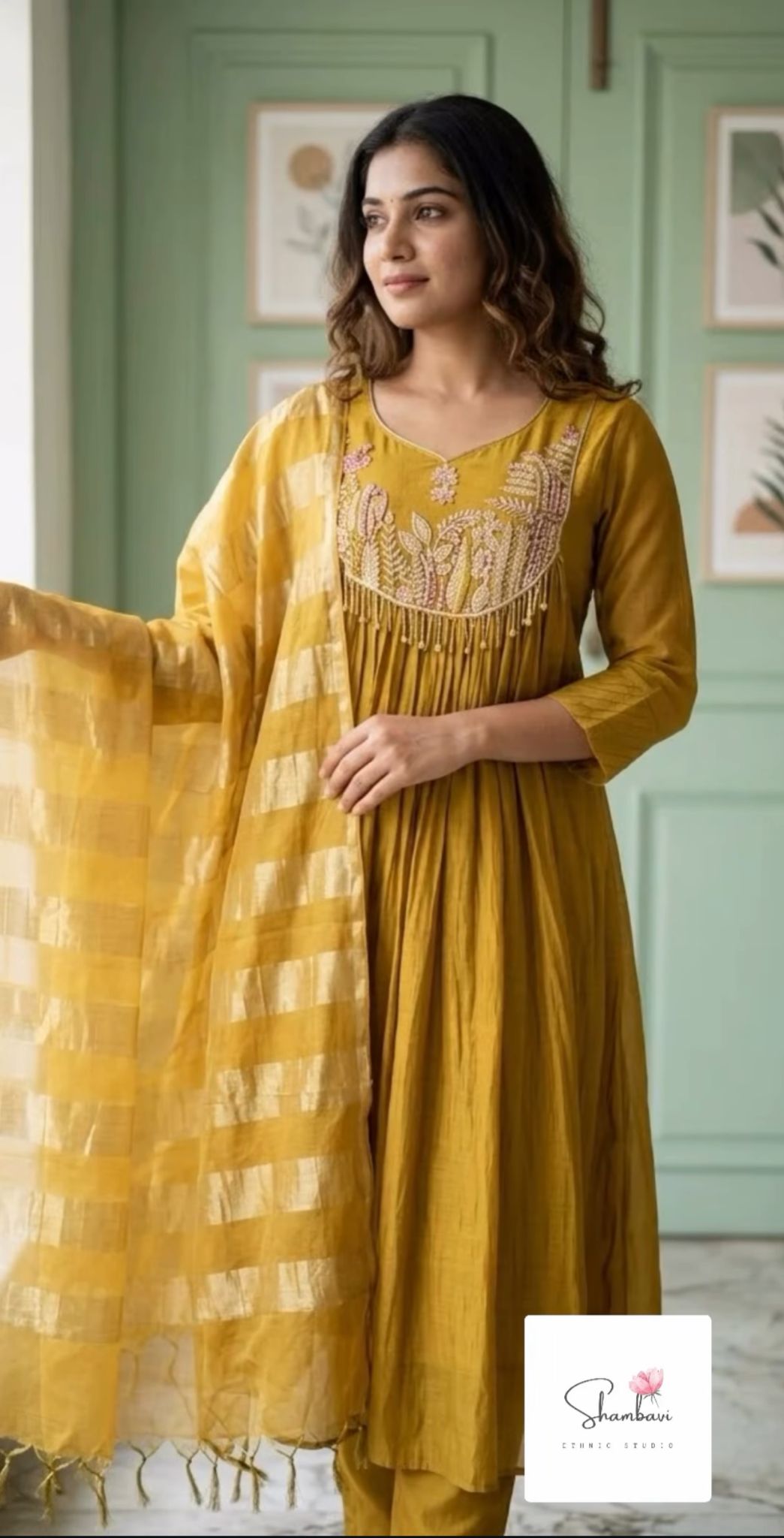 Elegant mustard yellow Pure Mul Chanderi suit