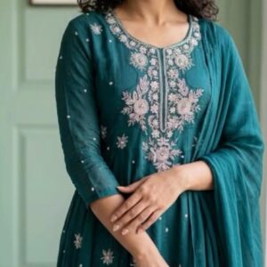 Pure Chinnon teal blue khalis Anarkali suit
