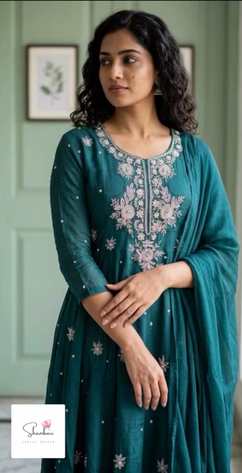 Pure Chinnon teal blue khalis Anarkali suit