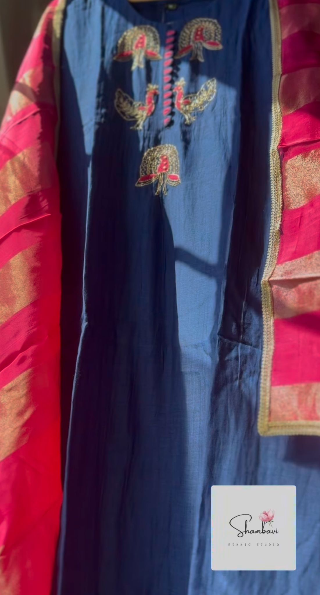 Royal blue Pure benarasi mul chanderi three piece suit - Image 2