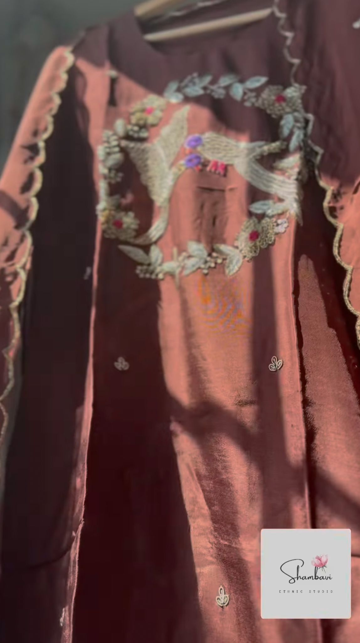 Brown dola silk straight cut dress with heavy bird embroidery - Image 3