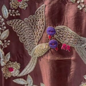 Brown dola silk straight cut dress with heavy bird embroidery