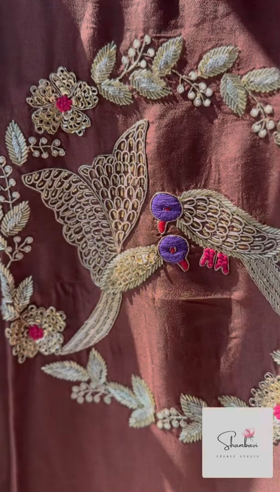 Brown dola silk straight cut dress with heavy bird embroidery