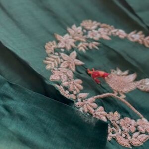 Olive green Benarasi mul Chanderi three-piece A-line suit