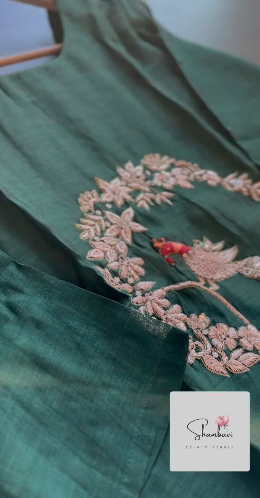 Olive green Benarasi mul Chanderi three-piece A-line suit