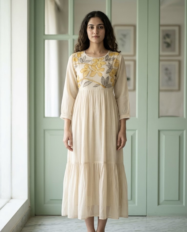 Pure Mul Chanderi off-white frock - Image 2