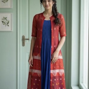 Pure Jamdani Coat Model Frock – Blue & Red Evergreen Combo