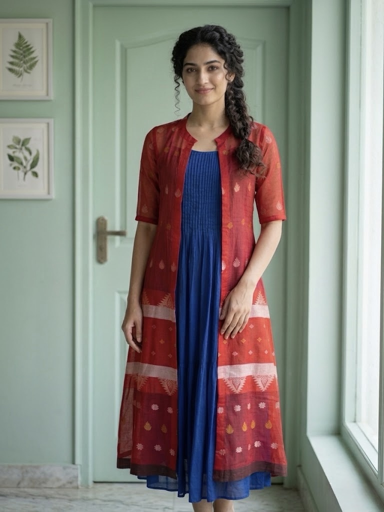 Pure Jamdani Coat Model Frock – Blue & Red Evergreen Combo