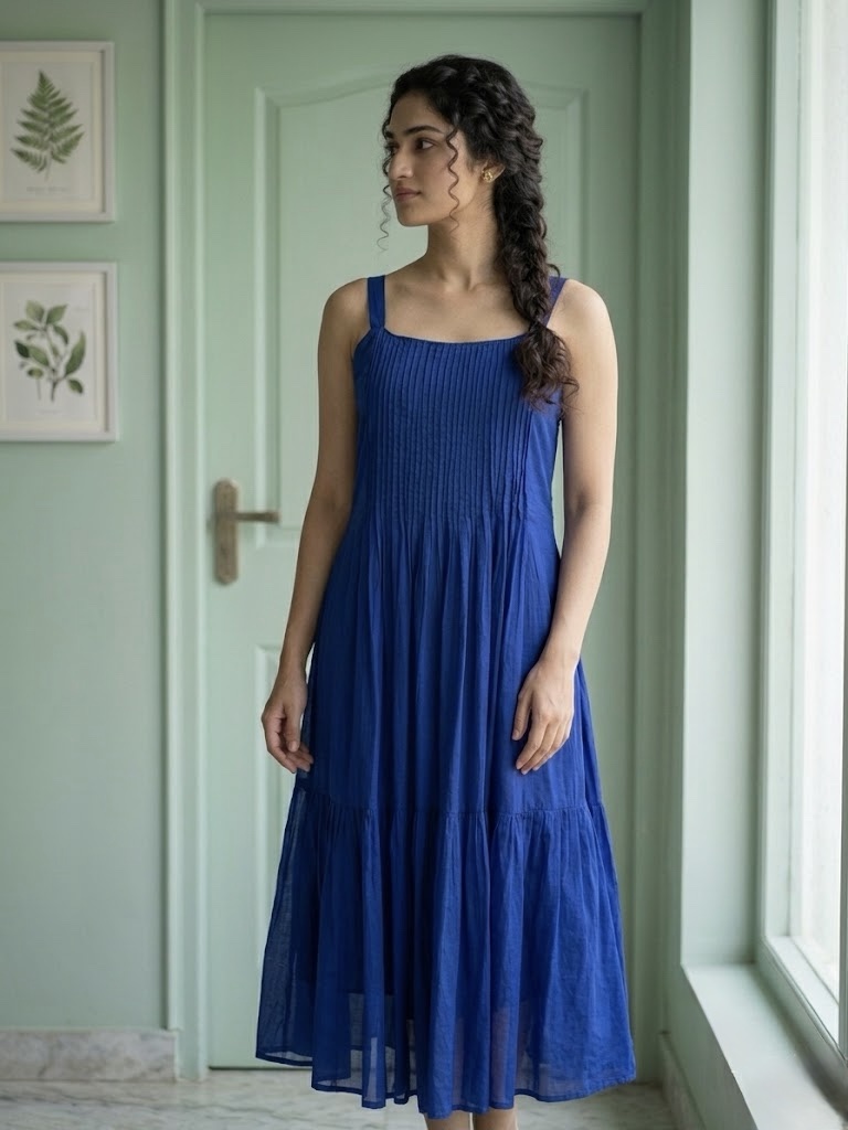 Pure Jamdani Coat Model Frock – Blue & Red Evergreen Combo - Image 2